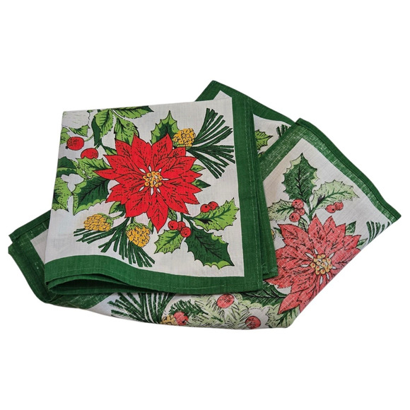 Vintage Floral Poinsettia Holiday Christmas Square Cloth Napkins MCM Set of Two - Picture 12 of 13